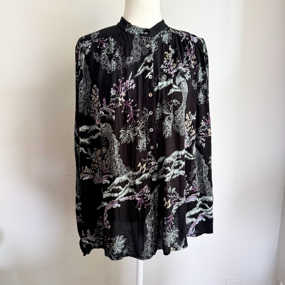 Free People Metallic Blooms Oversized Peacock Blouse XS Black